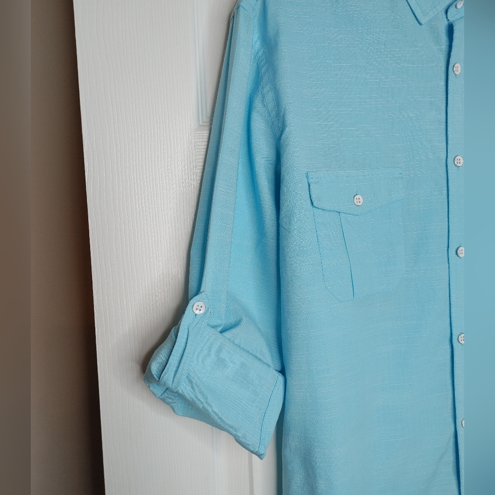 ALFANI REGULAR FIT BUTTON DOWN SHIRT WITH ROLL TABS, 2 POCKET, AQUA SIZE L - Picture 4 of 7